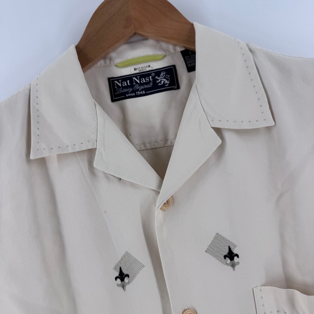 Nat Nast Silk Bowling Shirt Mens L Cream Fleur De Lis Tony Soprano Swingers Lux